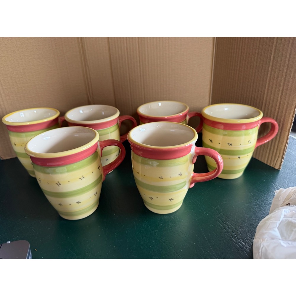 Pfaltzgraff Pistoulet Jana Kolpen Coffee Mugs Set of 6 Striped Yellow Green Red